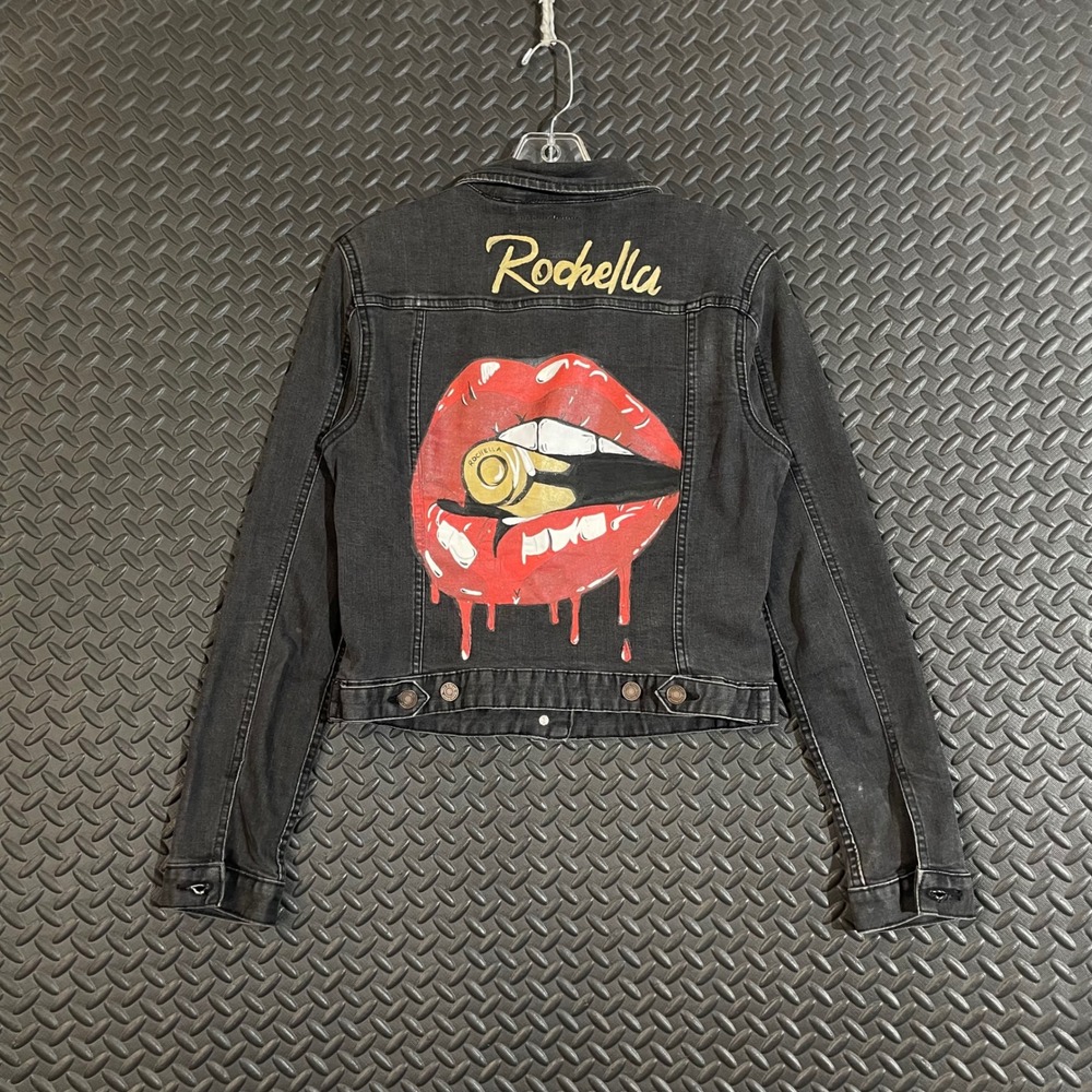 Pull&Bear Washed Black Denim Jacket Custom Painted Lips Bullet Rochella Womens M